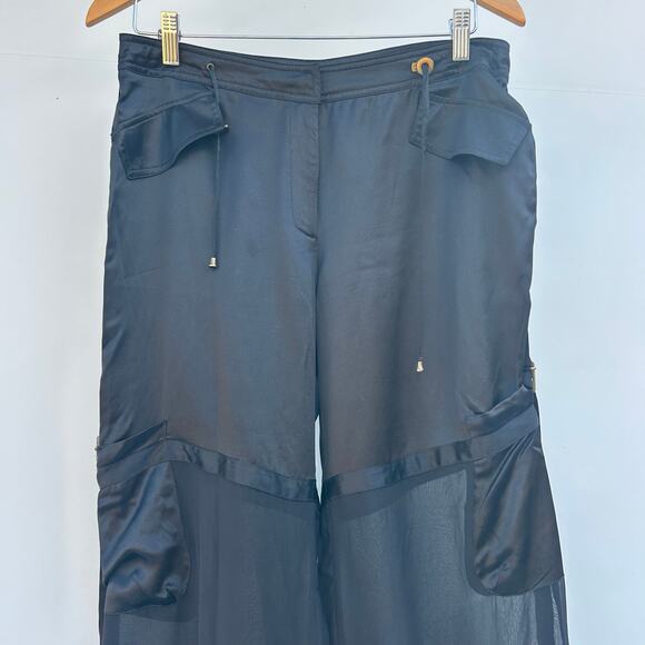 Orna Farho Georgette Silk Satin Sheer Cargo Joggers Pants Black 42 Size 10 - Picture 4 of 13